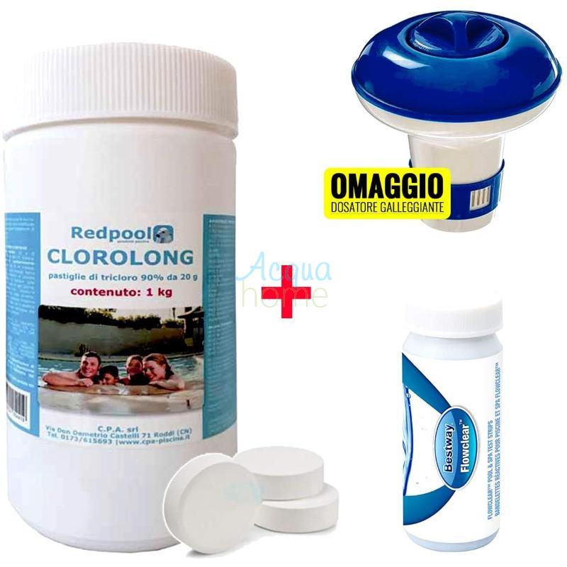 KIT MANTENIMENTO 1KG PER PISCINE: DOSATORE MINI + 1 KG DI PASTIGLIE MULTIAZIONE DA 20GR + TEST KIT ANALISI STRISCE