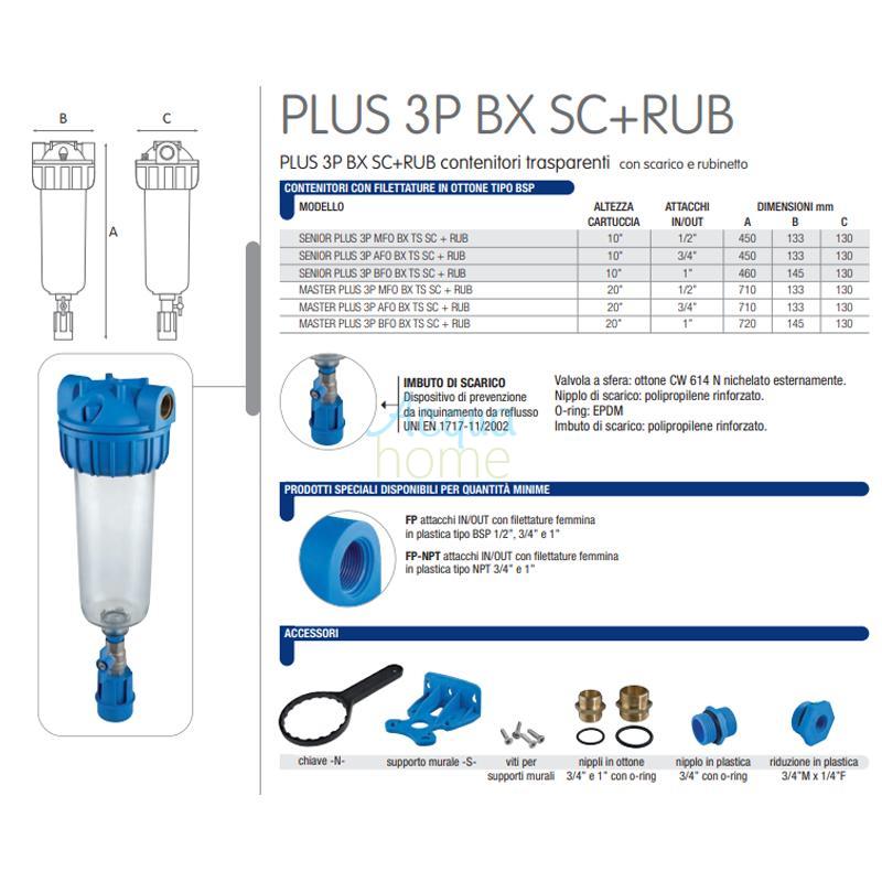 MASTER PLUS 3P BFO BX TS SC + RUB - 20" TRANSPARENT CONTAINER FILTER WITH 1" CONNECTOR TAP | ATLAS FILTRI
