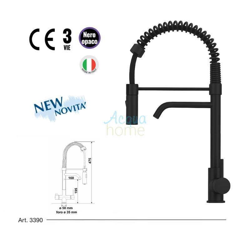 3-WAY MONOBLOCK MIXER TAP, MATT BLACK, WITH DOUBLE OUTLET SPRING - TWO SEPARATE CONTROLS - MOD. 3390
